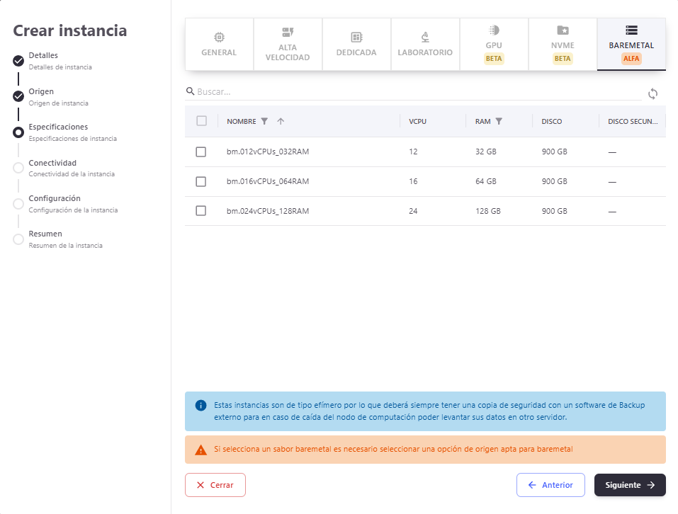 Seleccionar tipo de CPU Baremetal en SOAX